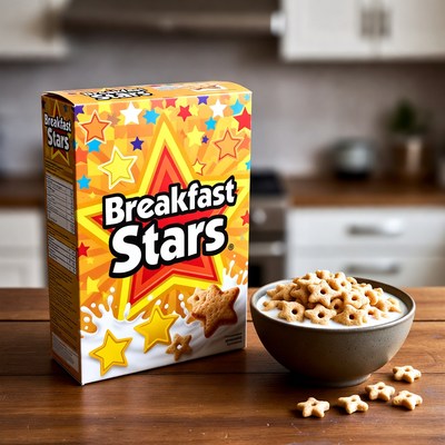 Breakfast Stars cereal box and bowl