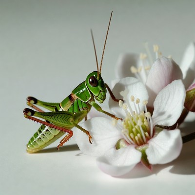 Green grasshopper on white flower