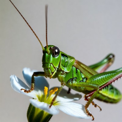 Green grasshopper on white flower
