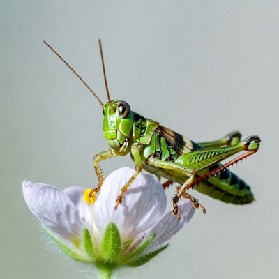 Green grasshopper on white flower