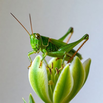 Green grasshopper on white flower