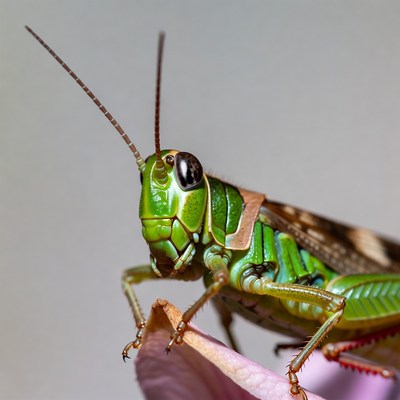 Green grasshopper on pink petal