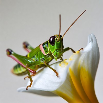 Green grasshopper on white flower