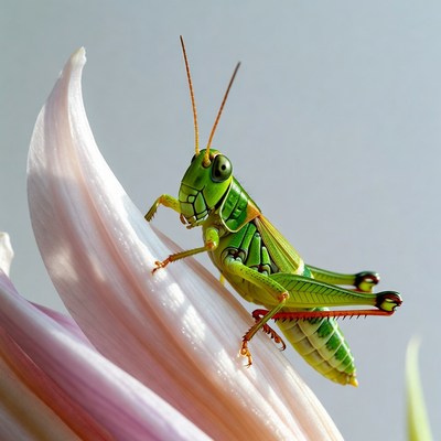 Green grasshopper on pink petal