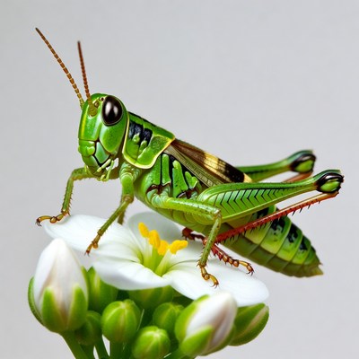 Green grasshopper on white flower