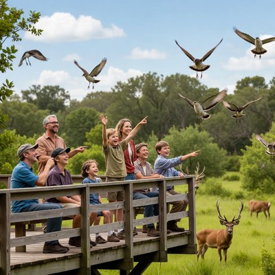 Family watching deer and birds from wooden deck