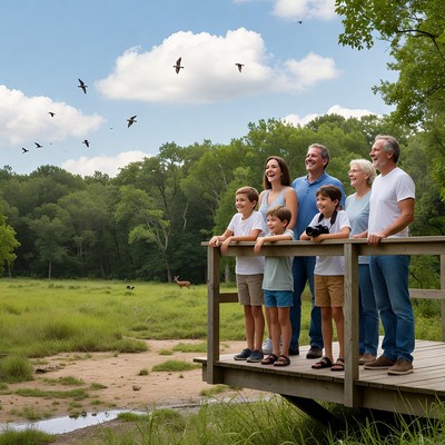 Family watching birds on wooden overlook