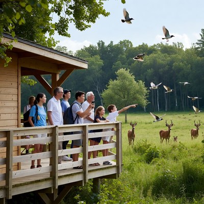 Family watching birds deer from deck