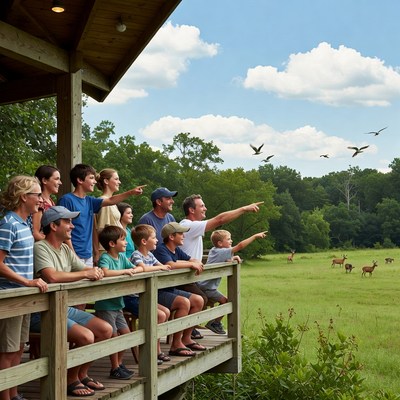 Family watching deer from deck