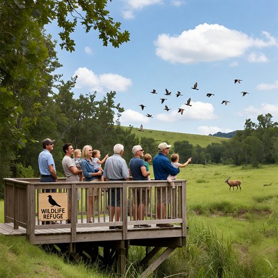 Family watching birds and deer from wildlife refuge deck