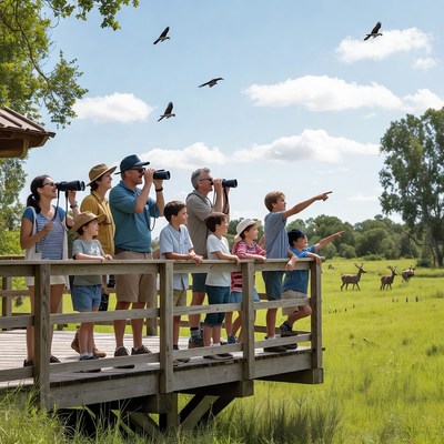 Family watching birds from wooden deck