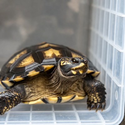 Turtle in plastic container