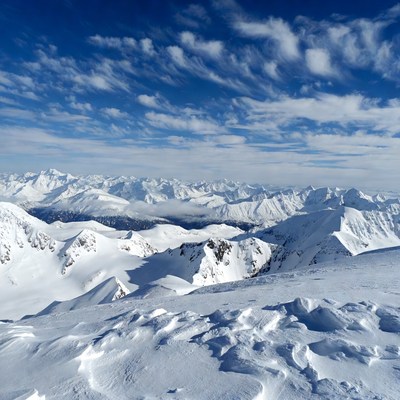 Snowy Mountain Peaks under Blue Sky