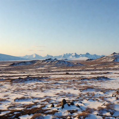 Snowy Mountains Over Tundra Landscape