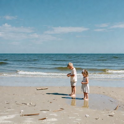 Boy and girl standing in beach puddle