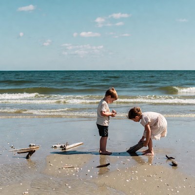 Boy and girl playing with driftwood on beach