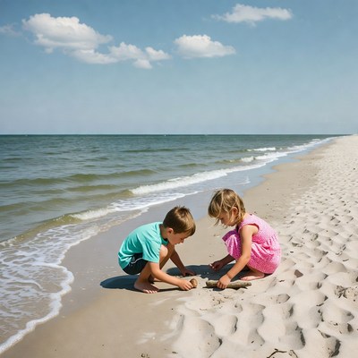 Boy and girl playing with shells on beach