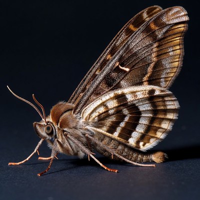 Brown Striped Moth on Black Background