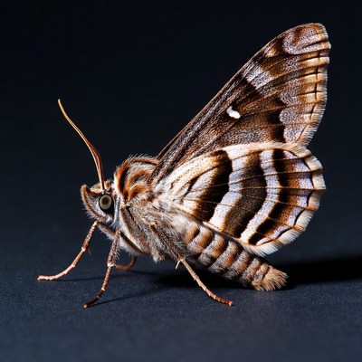 Striped Brown Moth on Black Background
