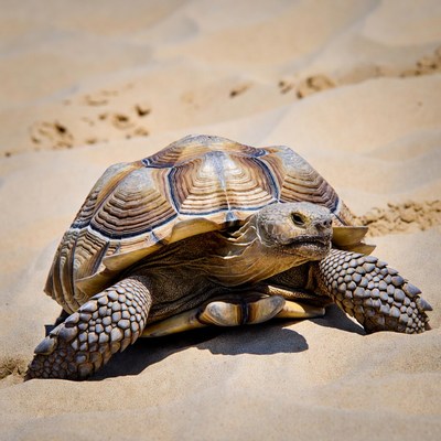 Tortoise walking on sandy beach