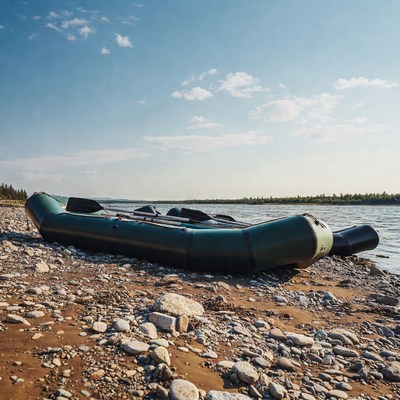 Green inflatable raft on riverbank