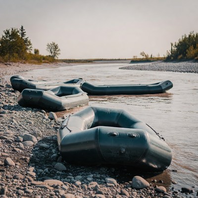 Inflatable Rafts on River Shore