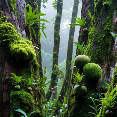 Mossy Trees in Misty Rainforest