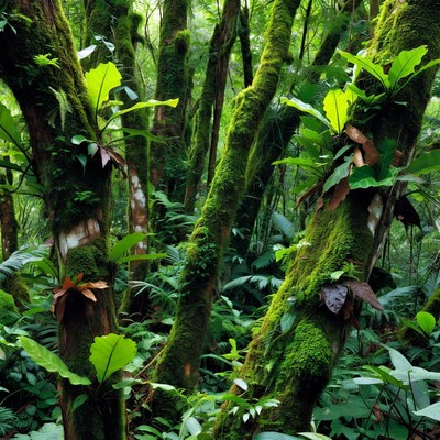 Lush Moss-Covered Rainforest Trees