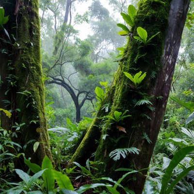 Mossy Trees in Misty Rainforest