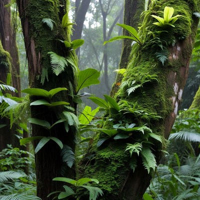 Mossy Trees with Ferns in Rainforest