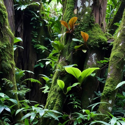 Mossy Trees with Epiphytes in Rainforest
