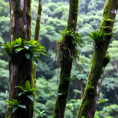 Mossy Trees with Orchids in Rainforest