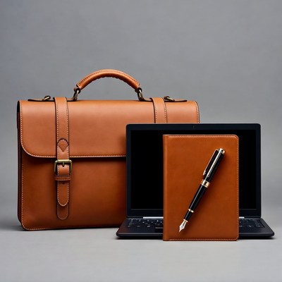 Brown leather briefcase with laptop notebook