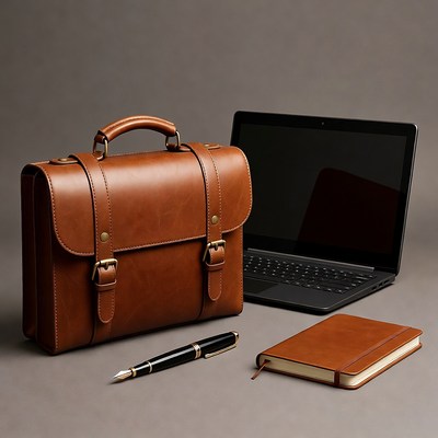 Brown leather briefcase with laptop