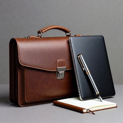 Brown leather briefcase with laptop and notebook
