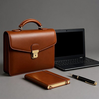 Brown leather briefcase with laptop
