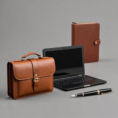 Brown leather briefcase laptop notebook pen