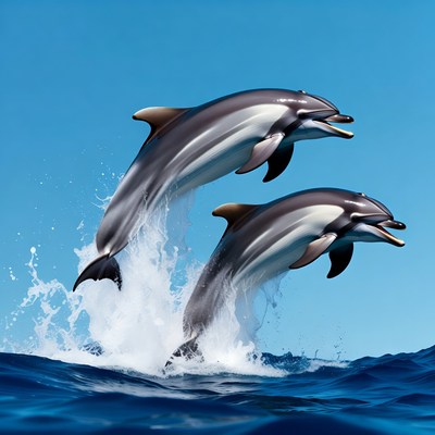 Two dolphins jumping from ocean