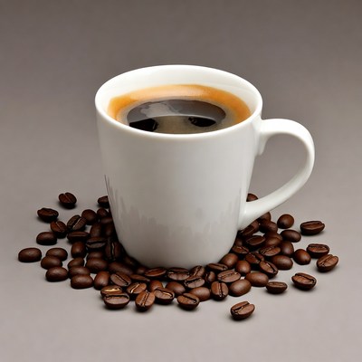 White Mug of Coffee with Coffee Beans
