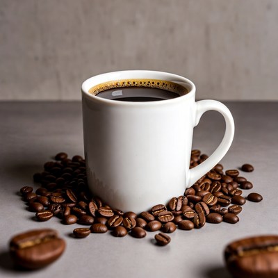 White Mug of Coffee with Roasted Beans