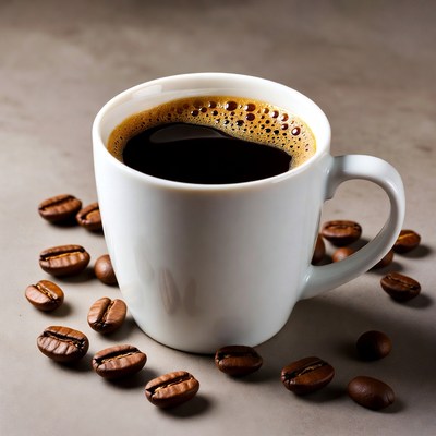 White Cup of Black Coffee with Beans