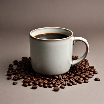White Mug of Black Coffee with Beans