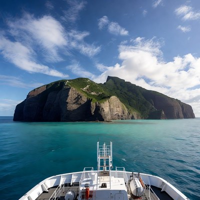 Ship approaching green cliff island