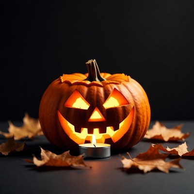 Lit Jack-o-Lantern with Fall Leaves
