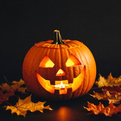 Lit Jack-o'-lantern on Autumn Leaves