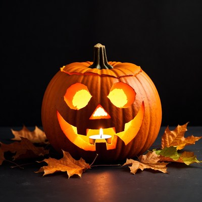Lit Jack-o'-lantern with fall leaves