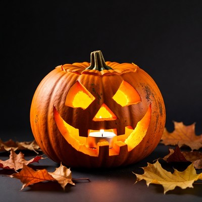Lit Jack-o'-lantern with fall leaves
