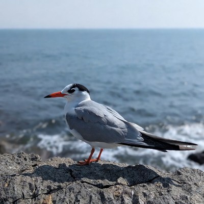 Gull on rocky beach by ocean