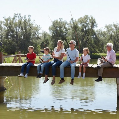 Family fishing together on wooden dock