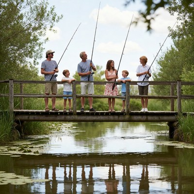 Family fishing on wooden bridge